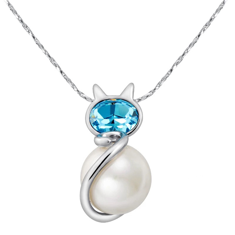 Mavi Kristal Taşlı İncili Kedi Kolye (Altın Kaplama) - N0128